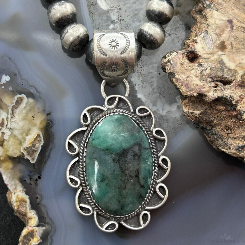 Sterling Silver Southwestern Style Oval Emerald Decorated Pendant For Women
